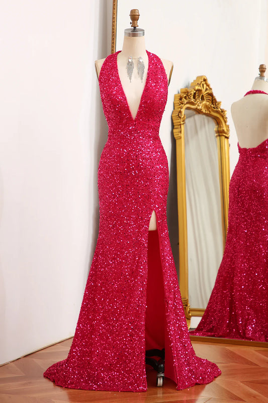 Amzcw Sparkly Fuchsia Mermaid Halter Backless Sequin Prom Dress With Slit prom clothing