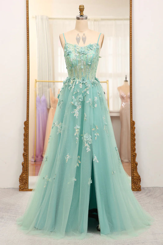 Amzcw Green A-Line Spaghetti Straps Long Sparkly Prom Dress With Appliques prom dresses shops