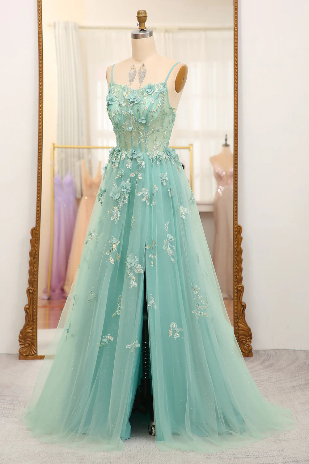 Amzcw Green A-Line Spaghetti Straps Long Sparkly Prom Dress With Appliques prom dresses shops