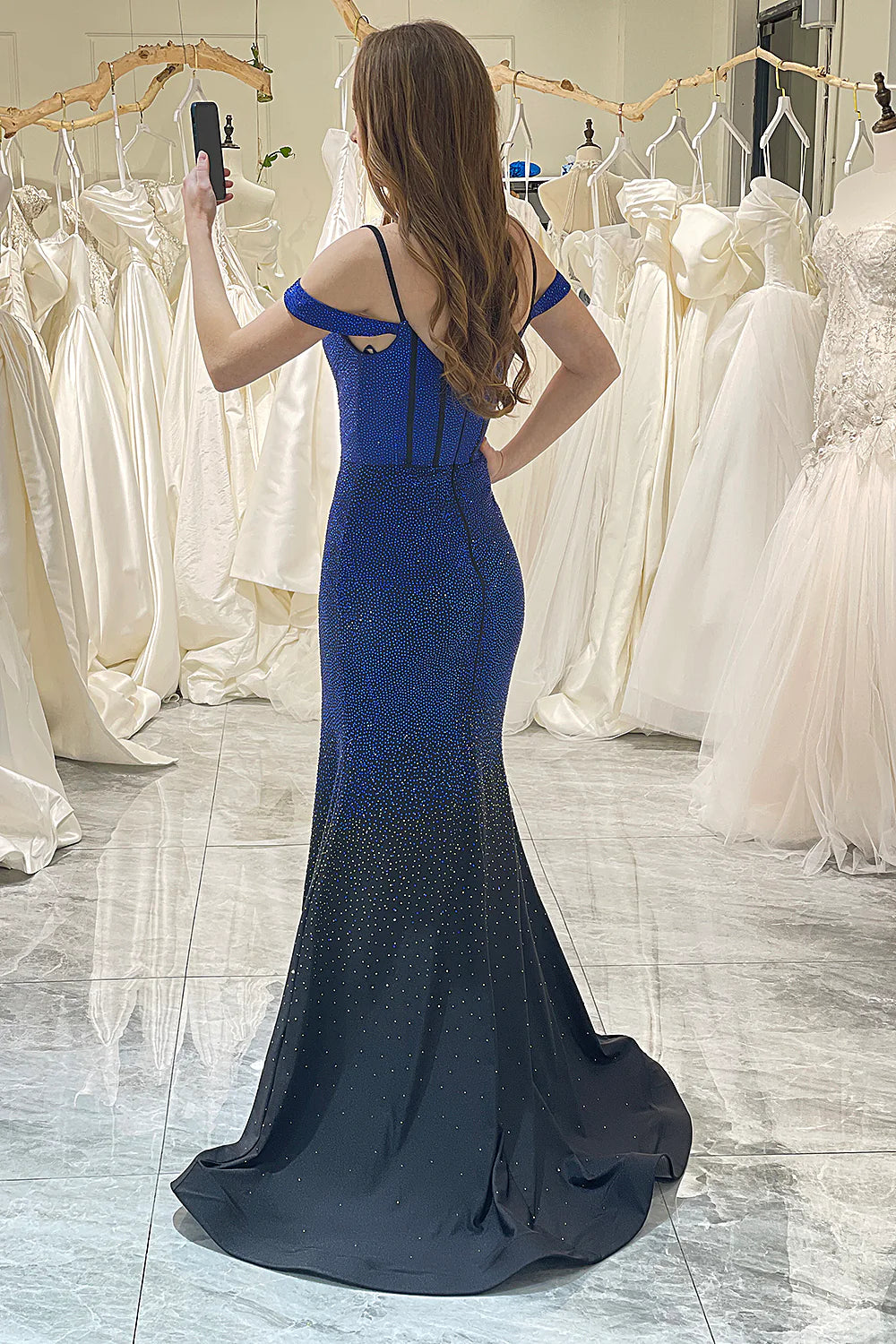 Amzcw Navy Mermaid Spaghetti Straps Long Corset Sparkly Prom Dress with Slit prom dresses shops