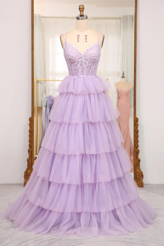 Amzcw Elegant Lilac A Line Tulle Tiered Long Corset Prom Dress With Appliques prom dresses with long sleeves