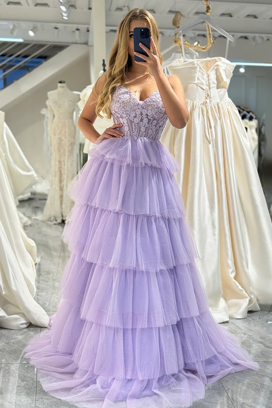 Amzcw Lilac Tulle A Line Corset Tiered Long Prom Dress With Appliques prom dresses with long sleeves