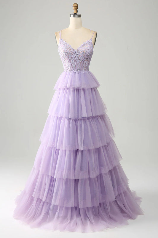 Amzcw Lilac Princess Spaghetti Straps Tiered Corset Tulle Prom Dress with Appliques prom dress store