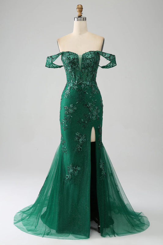 Amzcw Mermaid Dark Green Off The Shoulder Applique Prom Dress with Slit prom dresses shops