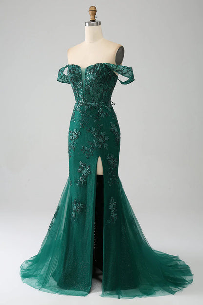 Amzcw Mermaid Dark Green Off The Shoulder Applique Prom Dress with Slit prom dresses shops