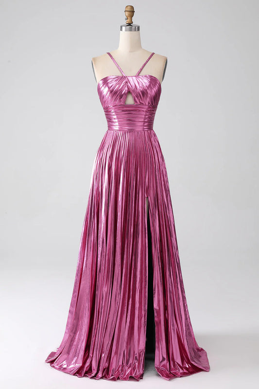 Amzcw Fuchsia A-Line Spaghetti Straps Pleated Sparkly Metallic Prom Dress with Slit