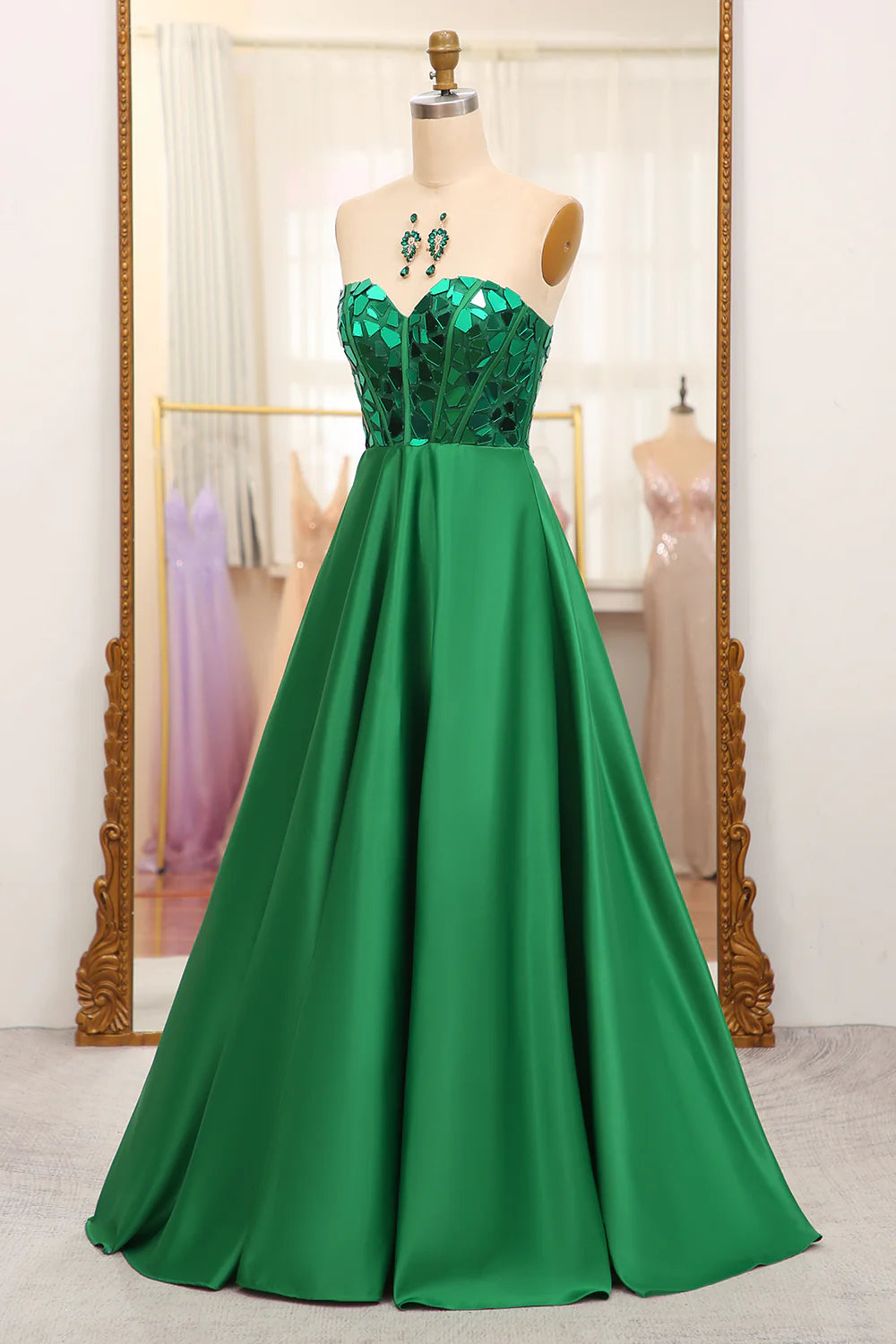 Amzcw Dark Green A Line Sweetheart Mirror Long Prom Dress prom dresses shops