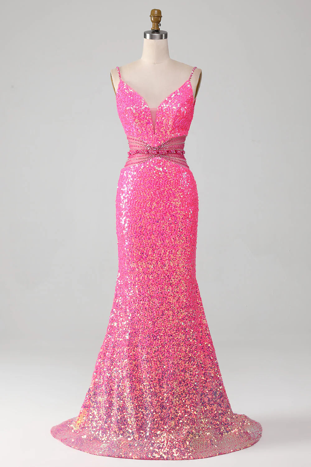 Amzcw Hot Pink Mermaid Spaghetti Straps Glitter Prom Dress with Beading Waist prom dresses shops