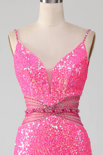 Amzcw Hot Pink Mermaid Spaghetti Straps Glitter Prom Dress with Beading Waist prom dresses shops