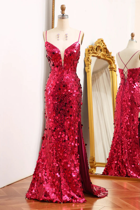 Amzcw Fuchsia Mermaid Sparkly Sequins Long Prom Dress With Slit