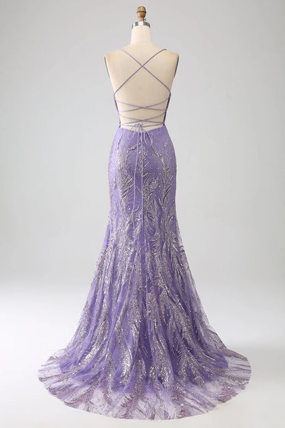 Amzcw Sparkly Mermaid Lilac Spaghetti Straps Long Prom Dress