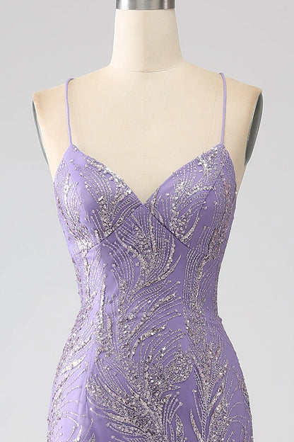 Amzcw Sparkly Mermaid Lilac Spaghetti Straps Long Prom Dress