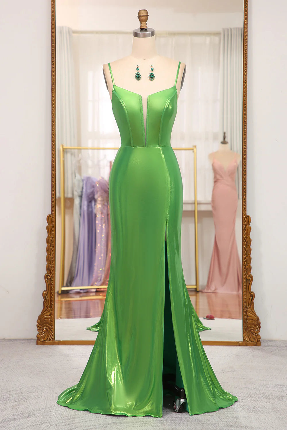 Amzcw Bright Green Mermaid Spaghetti Straps Corset Long Prom Dress With Slit prom clothing