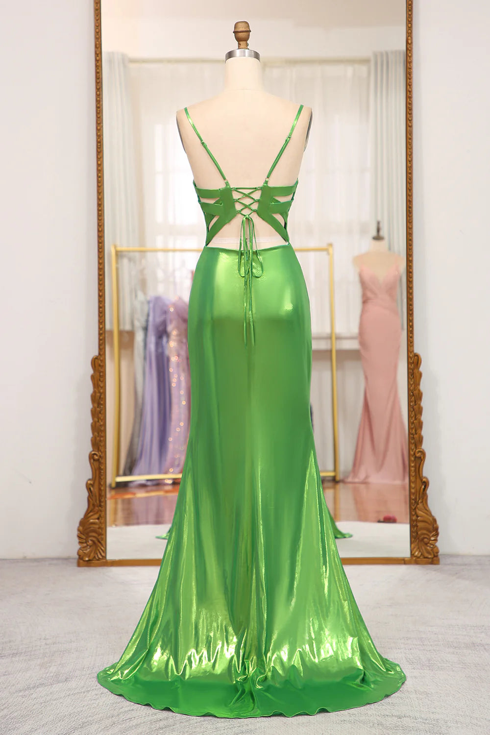 Amzcw Bright Green Mermaid Spaghetti Straps Corset Long Prom Dress With Slit prom clothing