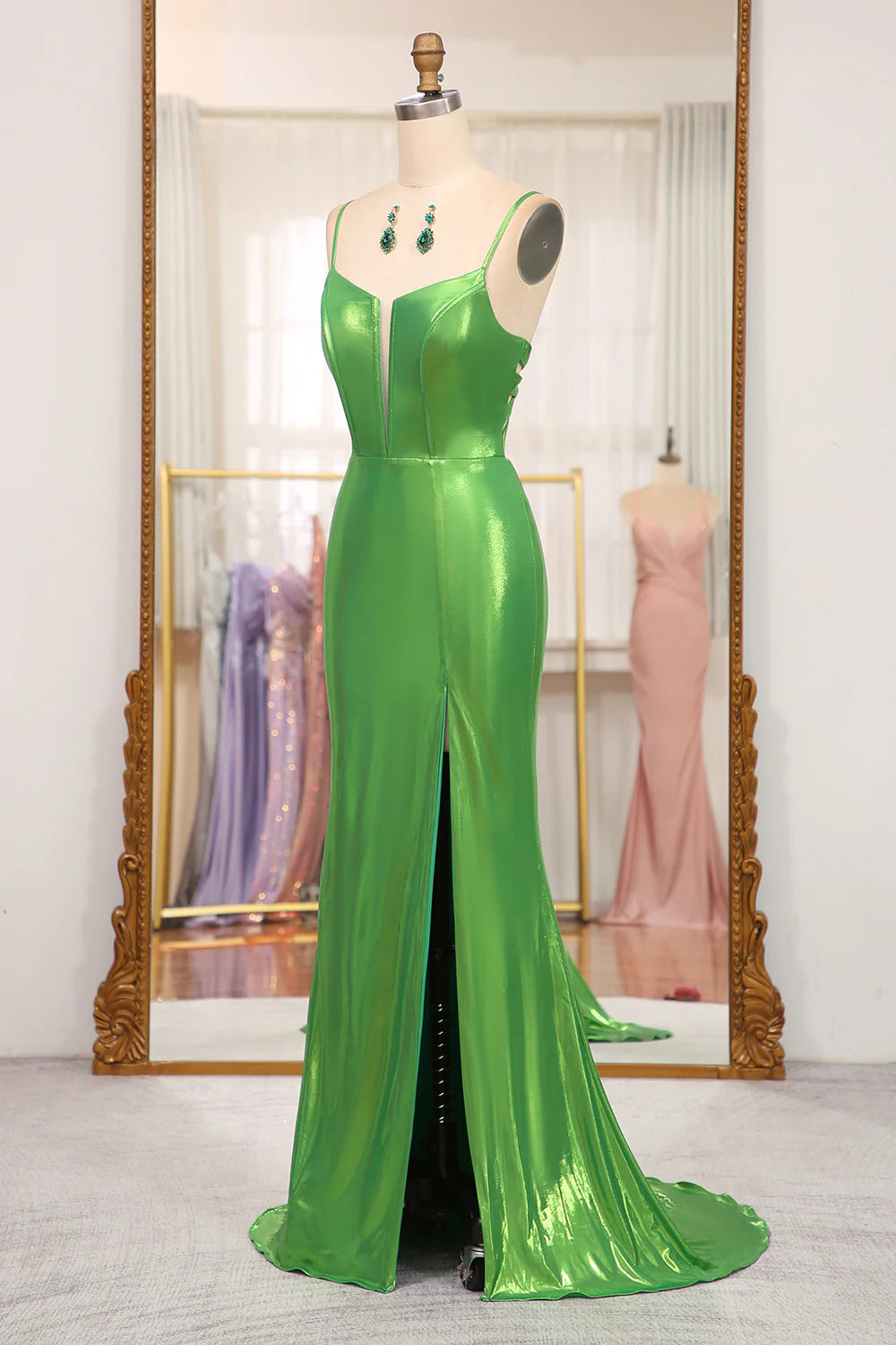 Amzcw Bright Green Mermaid Spaghetti Straps Corset Long Prom Dress With Slit prom clothing