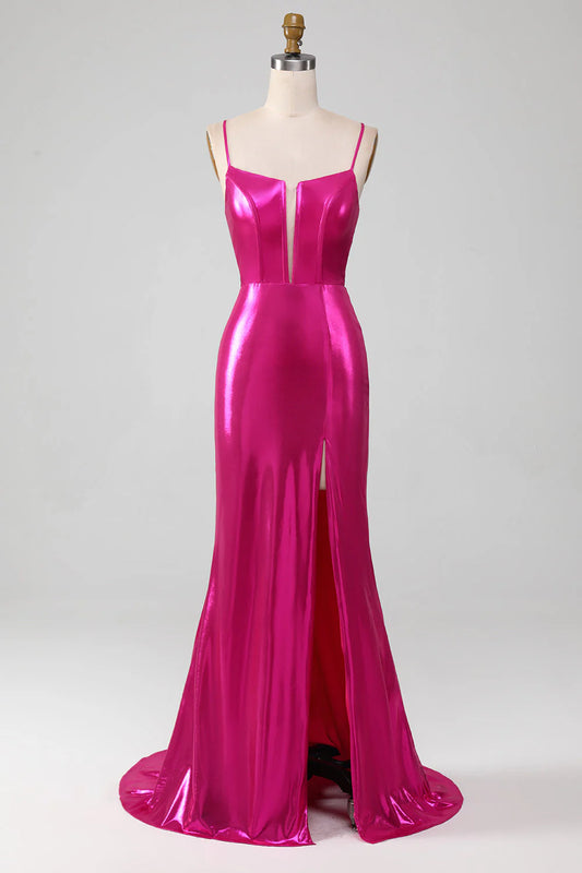 Amzcw Sparkly Hot Pink Mermaid Spaghetti Straps Simple Prom Dress With Slit prom dresses shops