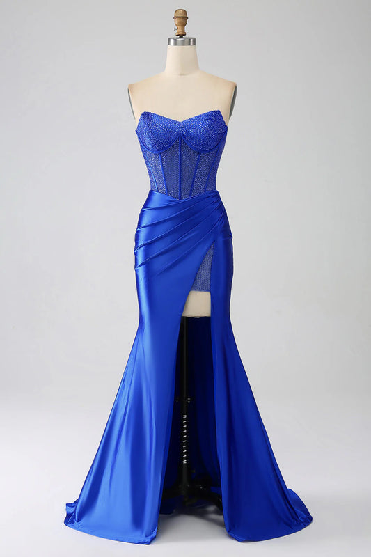 Amzcw Royal Blue Mermaid Strapless Corset Beaded Prom Dress with High Slit