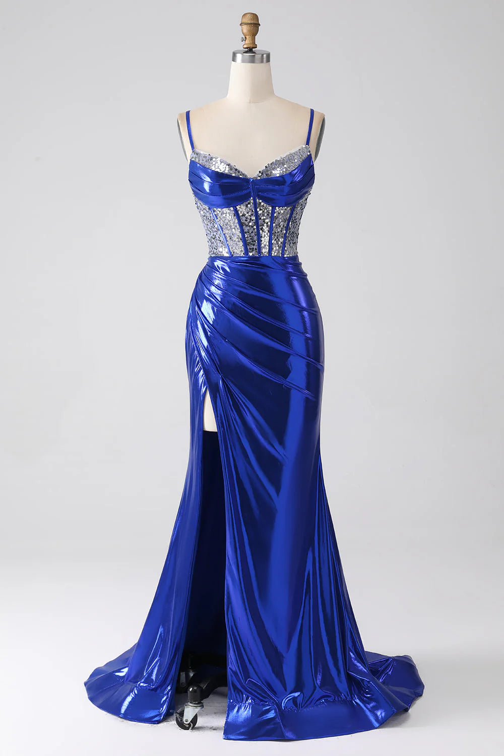 Amzcw Sparkly Royal Blue Mermaid Sequin Pleated Corset Prom Dress With Slit prom dresses shops