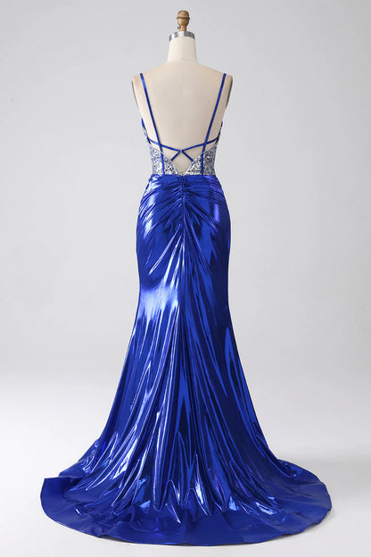 Amzcw Sparkly Royal Blue Mermaid Sequin Pleated Corset Prom Dress With Slit prom dresses shops