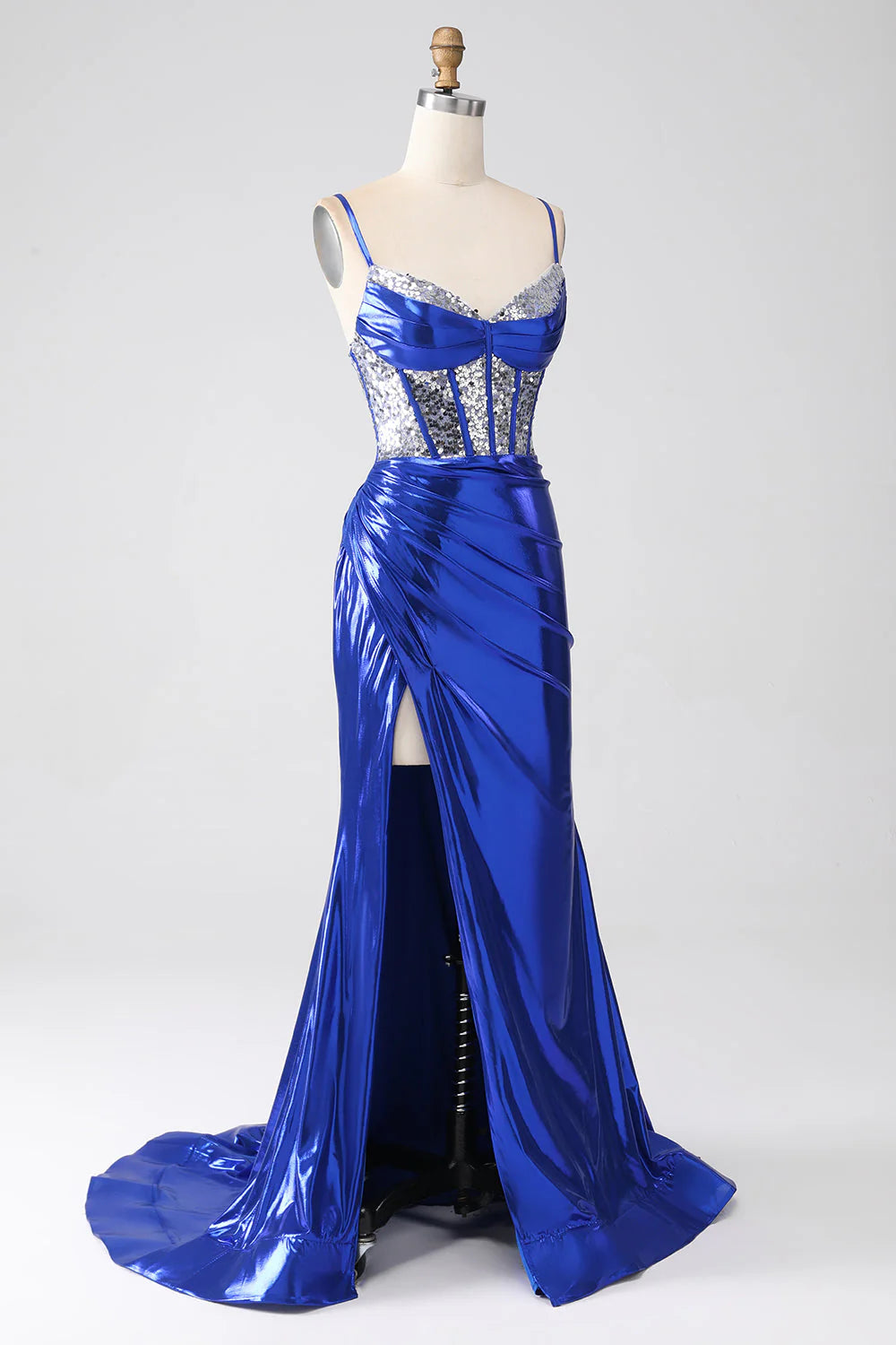 Amzcw Sparkly Royal Blue Mermaid Sequin Pleated Corset Prom Dress With Slit prom dresses shops