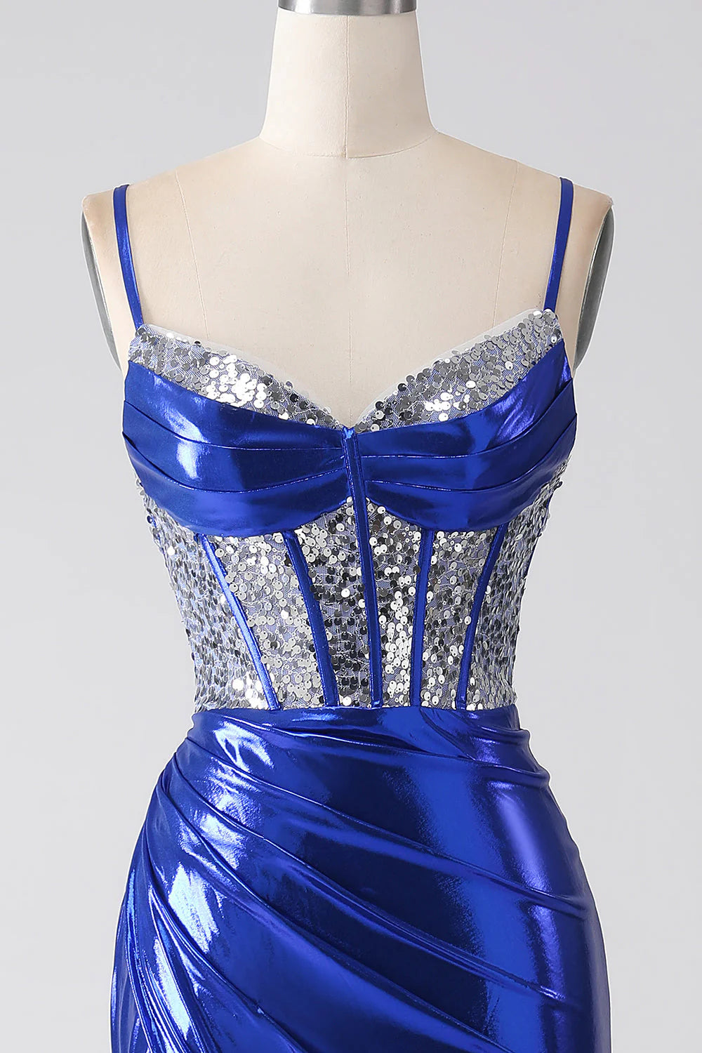 Amzcw Sparkly Royal Blue Mermaid Sequin Pleated Corset Prom Dress With Slit prom dresses shops