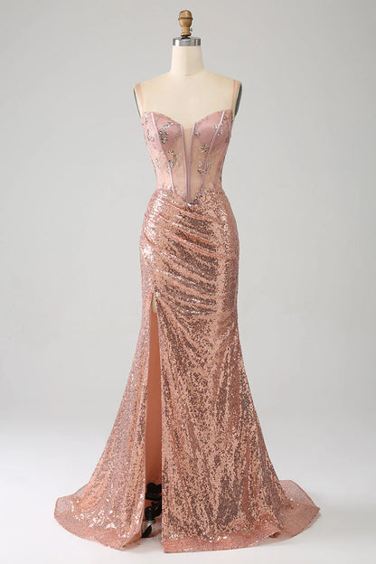 Amzcw Sparkly Rose Golden Mermaid Beaded Ruched Sequin Corset Long Prom Dress with Slit