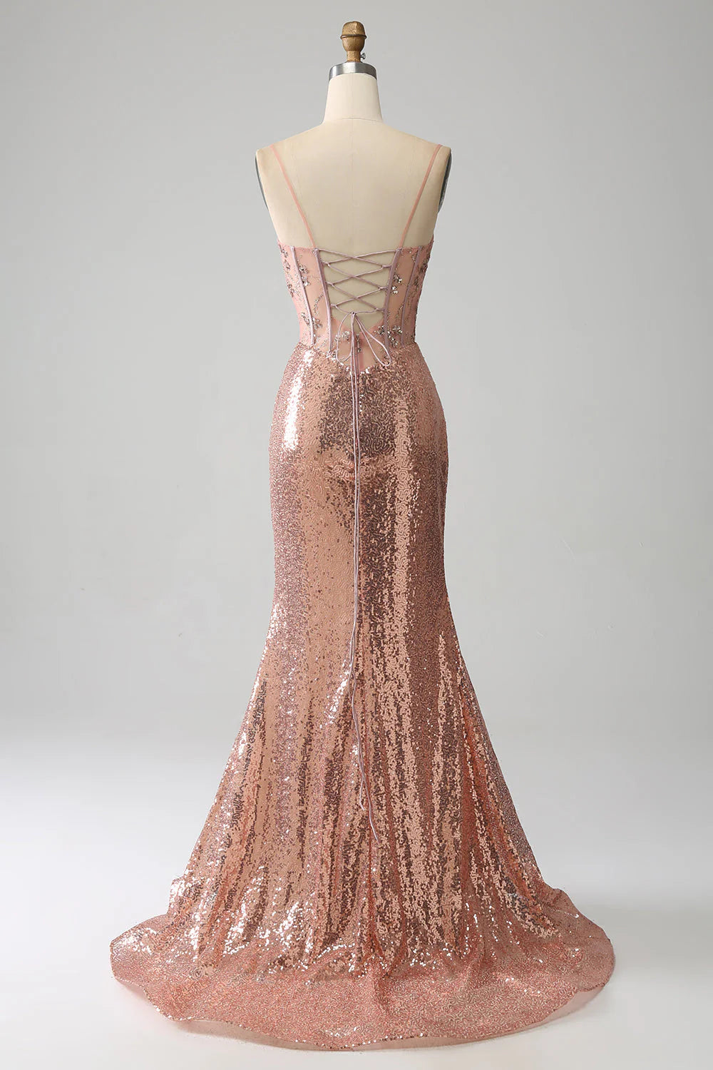 Amzcw Sparkly Rose Golden Mermaid Beaded Ruched Sequin Corset Long Prom Dress with Slit