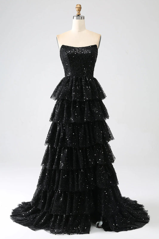 Amzcw Sparkly Black A-Line Strapless Sequins Tiered Long Prom Dress with Slit