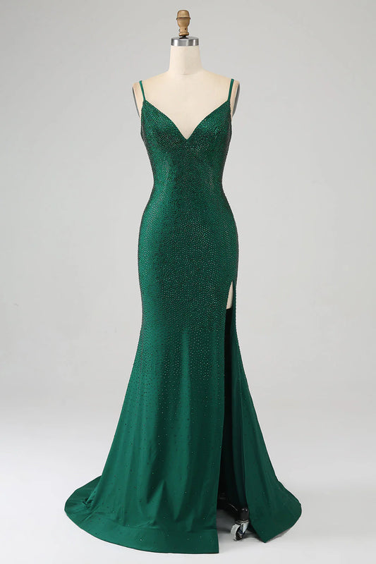 Amzcw Sparkly Dark Green Mermaid Beaded Long Prom Dress with Slit prom dresses shops