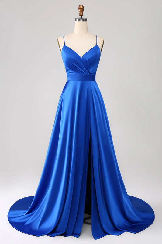 Amzcw Royal Blue A Line V Neck Open Back Pleated Satin Long Prom Dress with Slit prom dresses shops