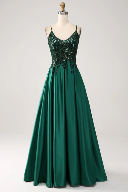 Amzcw Sparkly Dark Green A-Line Spaghetti Straps Long Prom Dress With Sequins prom dresses shops