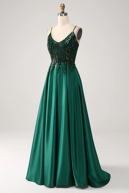 Amzcw Sparkly Dark Green A-Line Spaghetti Straps Long Prom Dress With Sequins prom dresses shops