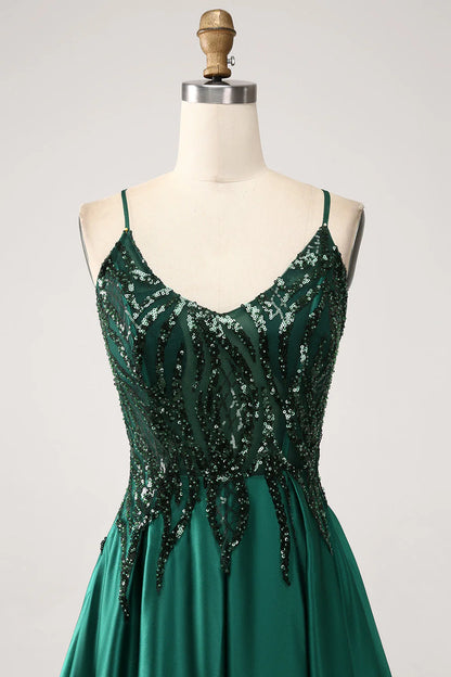 Amzcw Sparkly Dark Green A-Line Spaghetti Straps Long Prom Dress With Sequins prom dresses shops