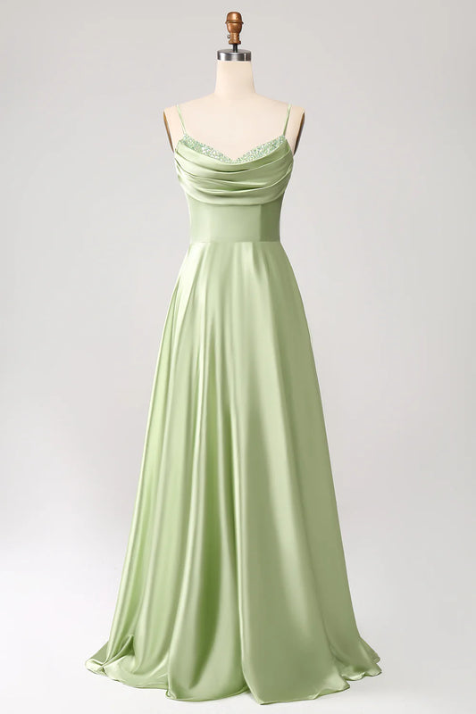 Amzcw Green A-Line Cowl Neck Spaghetti Straps Maxi Dress With Sequins prom dresses shops