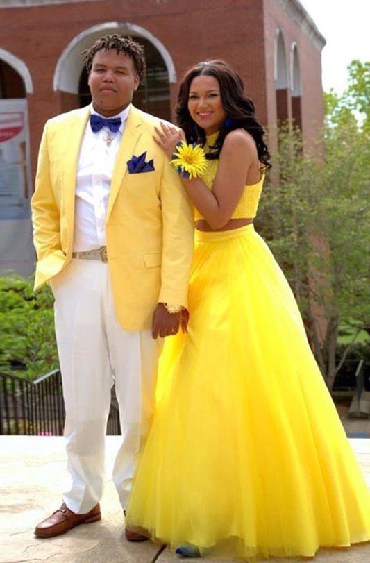Yellow Tulle Two Piece A Line Long Prom Dress Graduation Dresses