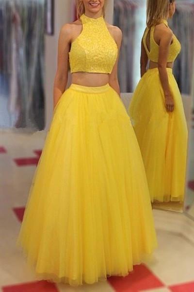 Yellow Tulle Two Piece A Line Long Prom Dress Graduation Dresses