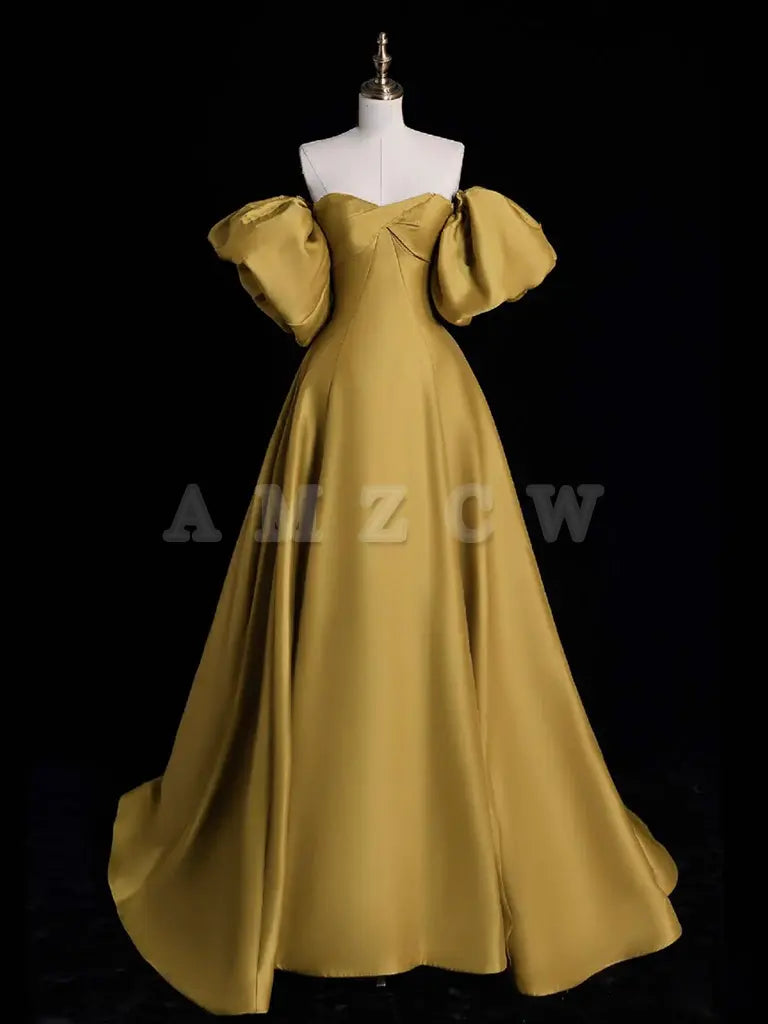 Amzcw Yellow A-line Satin Long Prom Dress Yellow Long Evening Dress prom dress in store