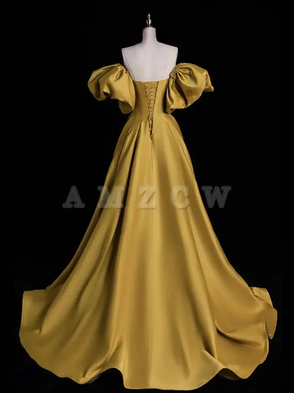 Amzcw Yellow A-line Satin Long Prom Dress Yellow Long Evening Dress prom dress in store