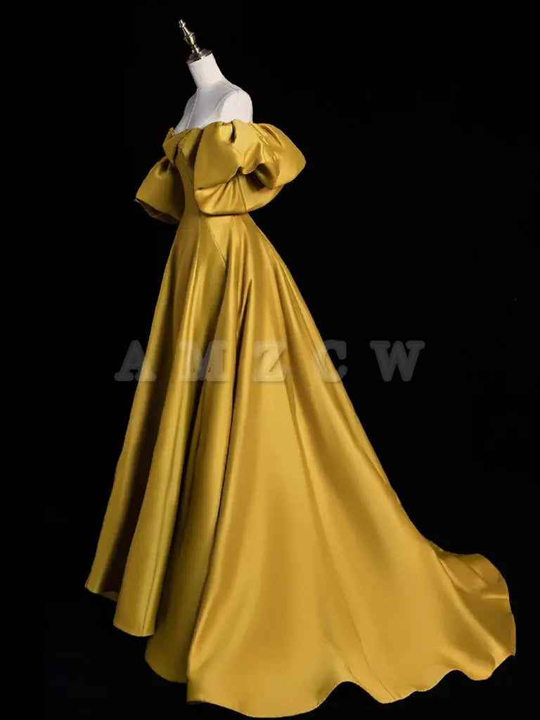 Amzcw Yellow A-line Satin Long Prom Dress Yellow Long Evening Dress prom dress in store