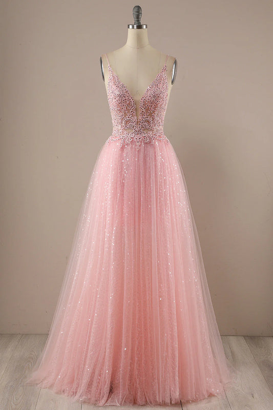 Amzcw Pink A Line Spaghetti Straps Long Prom Party Dress With Sequins prom dresses with long sleeves