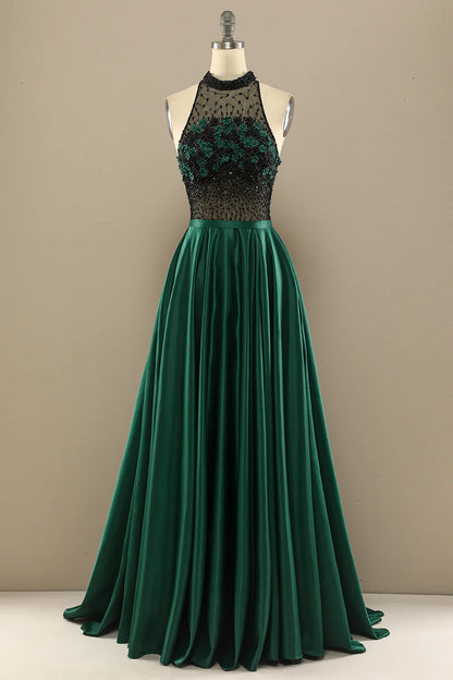 Dark Green Long Beaded Prom Dress With Flowers