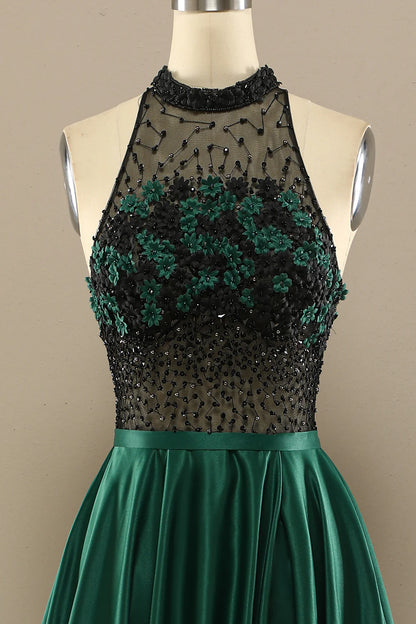 Dark Green Long Beaded Prom Dress With Flowers