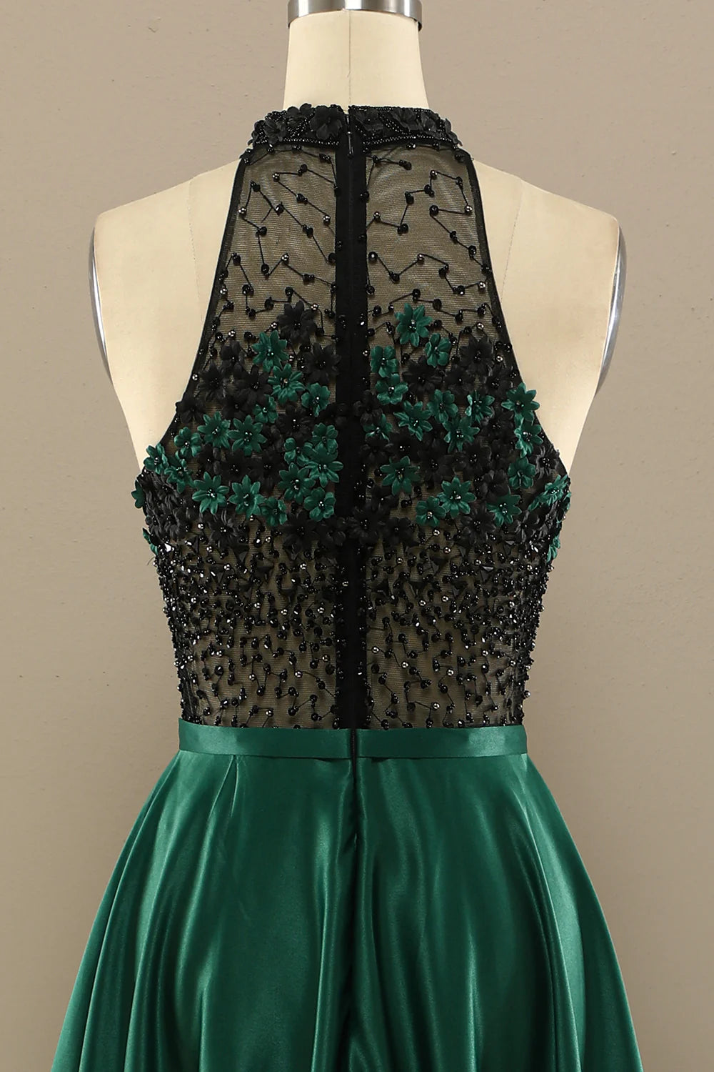 Dark Green Long Beaded Prom Dress With Flowers