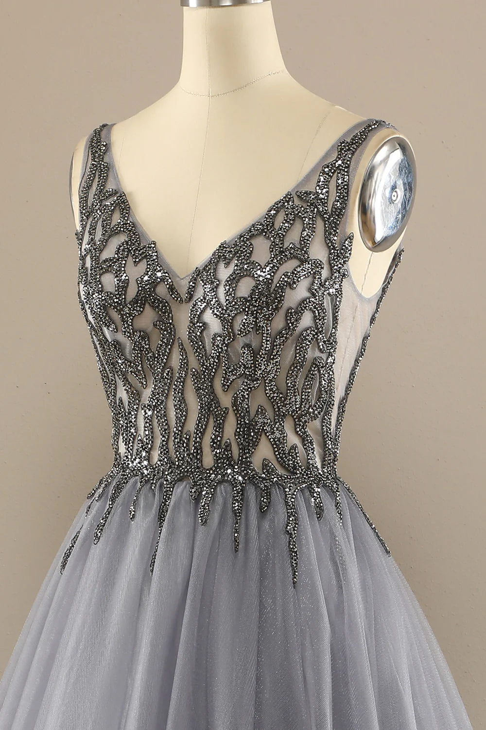 Grey V Neck Long Beaded Prom Dress