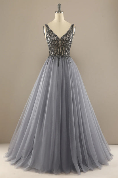 Grey V Neck Long Beaded Prom Dress