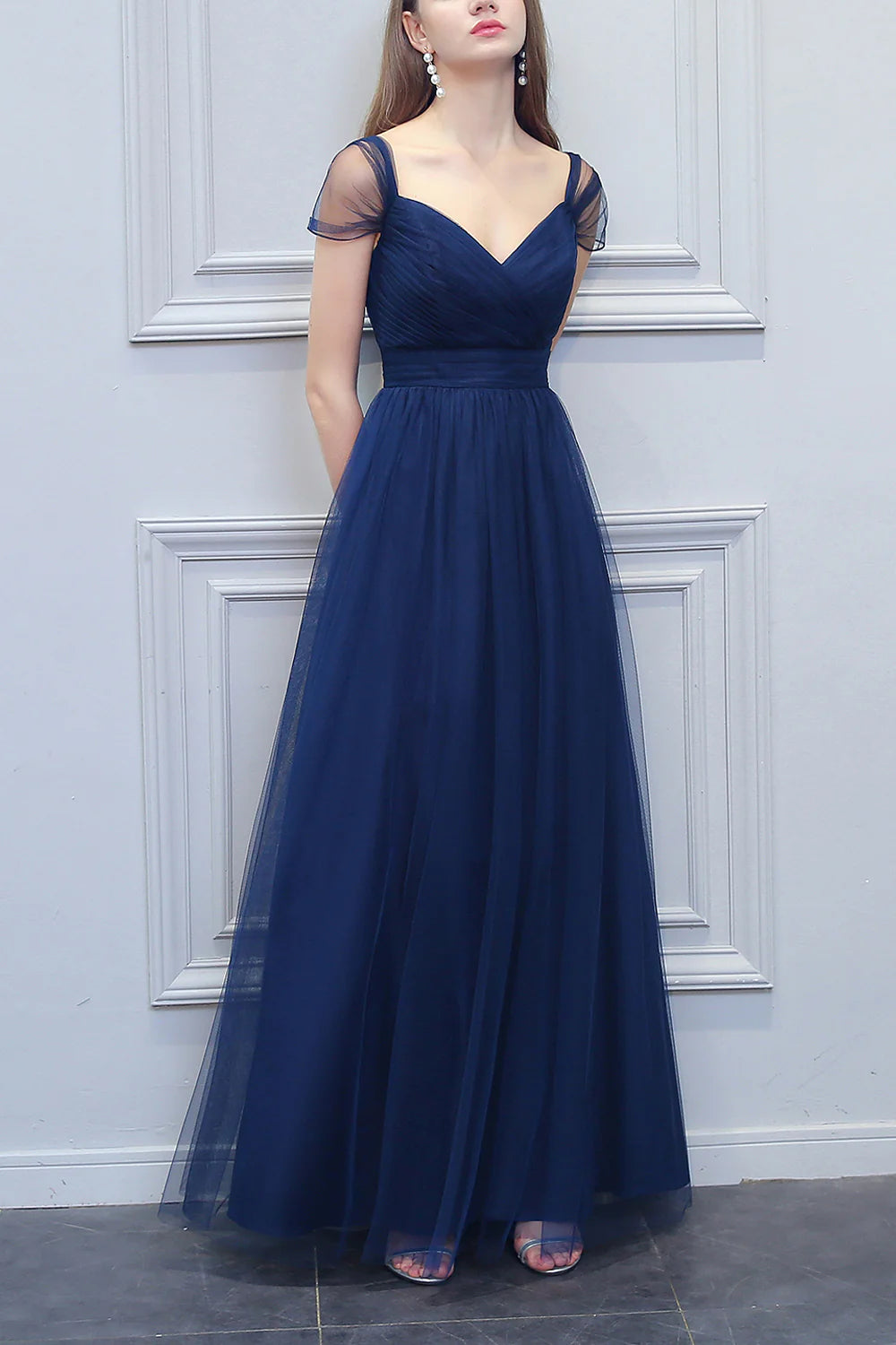 A-line V-neck Long Tulle Bridesmaid Dress