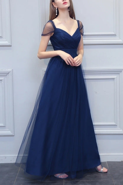 A-line V-neck Long Tulle Bridesmaid Dress