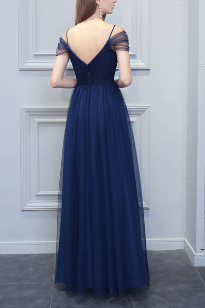 A-line V-neck Long Tulle Bridesmaid Dress