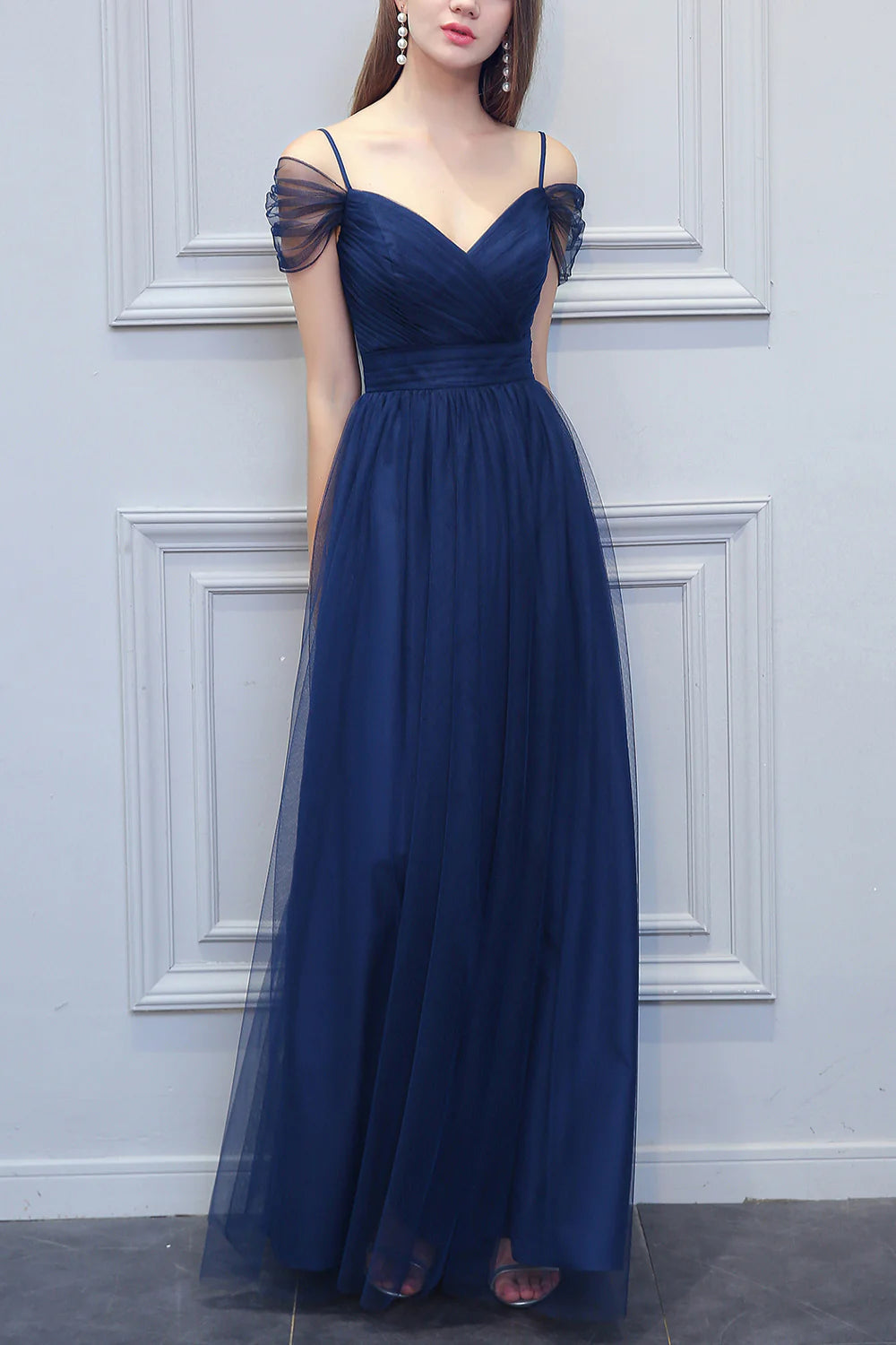 A-line V-neck Long Tulle Bridesmaid Dress