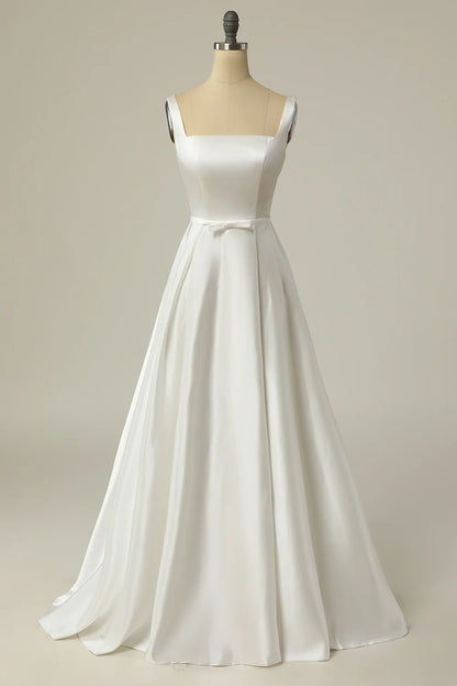 Simple A Line Square Neck White Long Wedding Dress